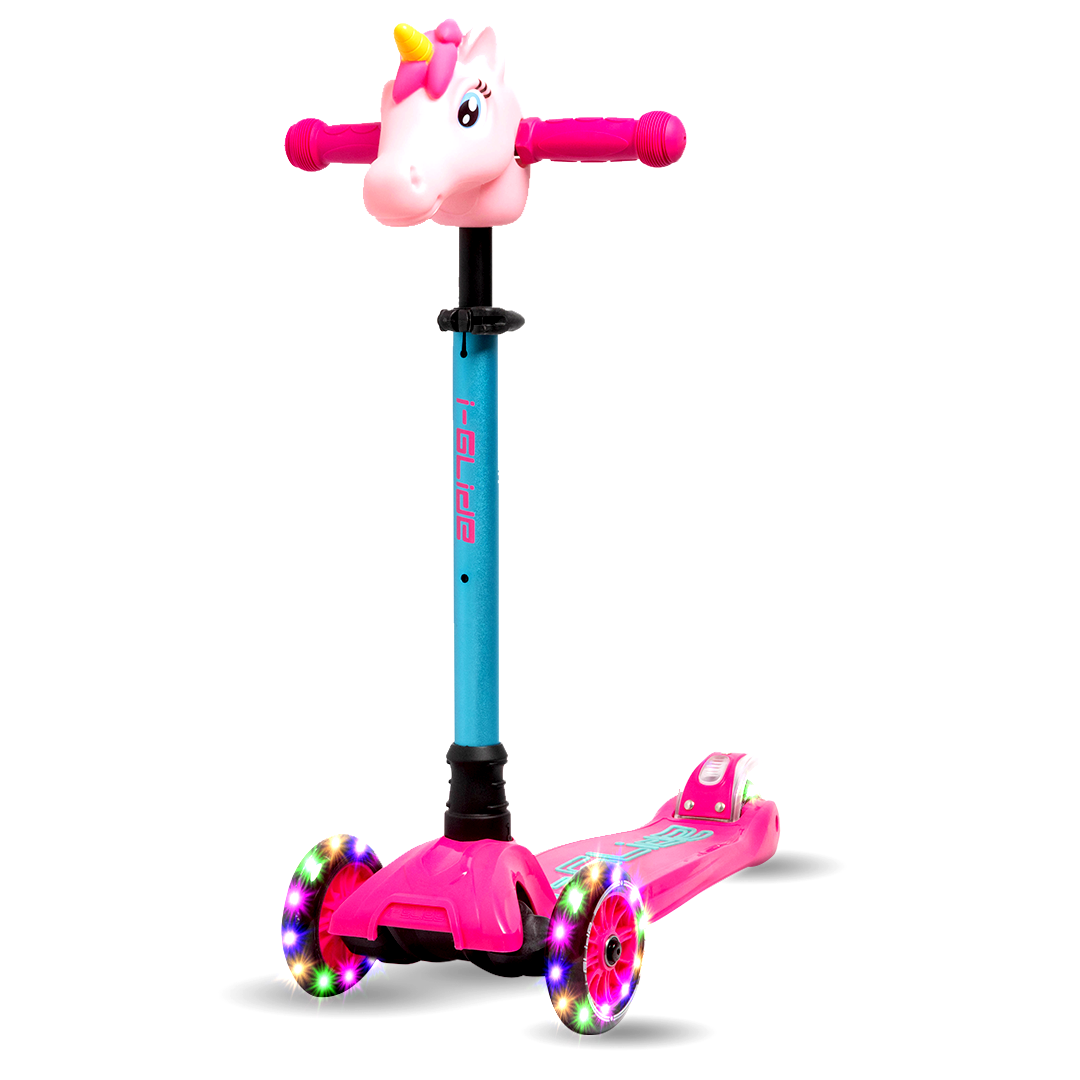 A pink and aqua i-Glide 3-Wheel Scooter with a unicorn head design on the handlebar.