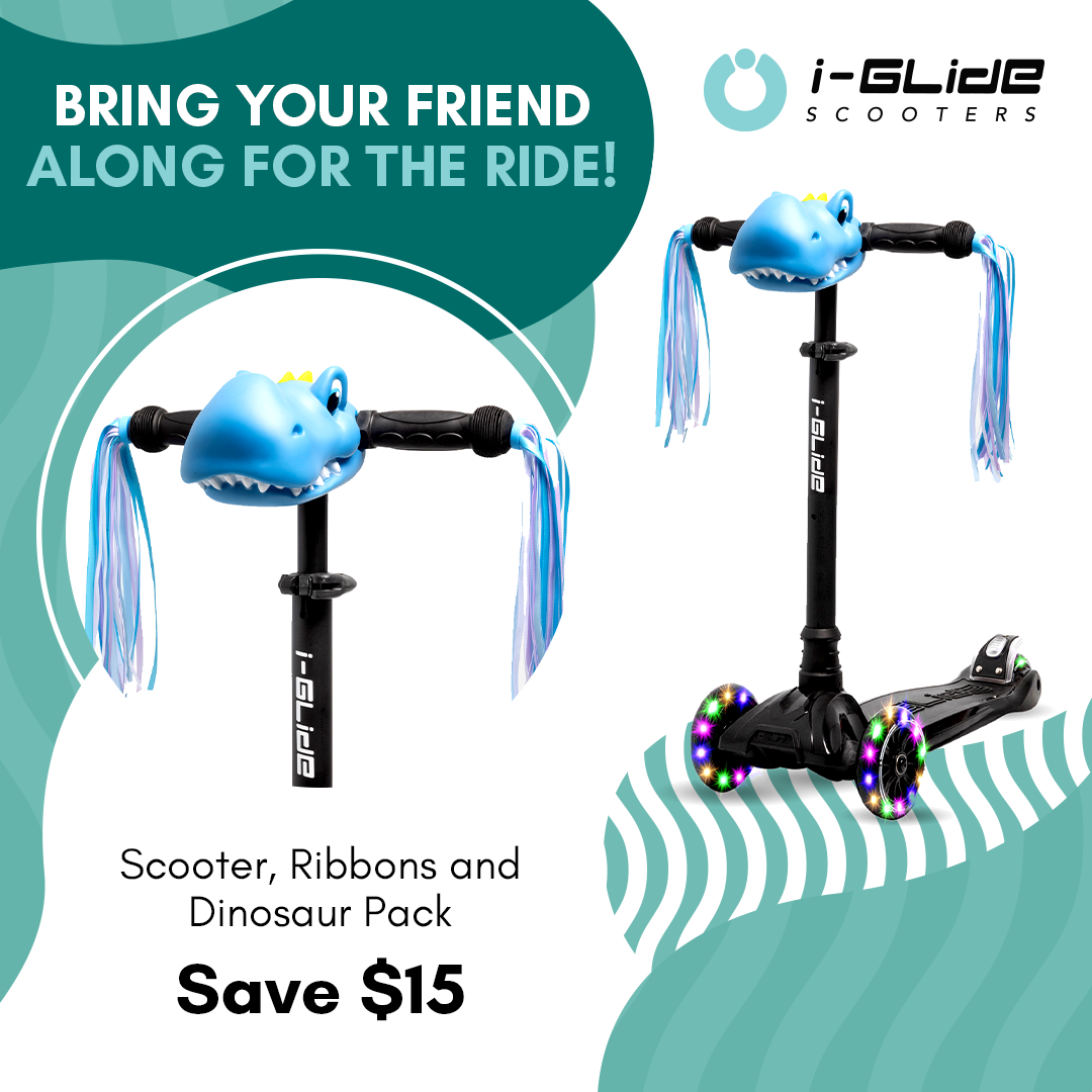 I-GLIDE 3 Wheel Kids Scooter with Dinosaur Head and Ribbons - Black