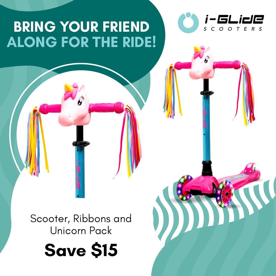 I-GLIDE 3 Wheel Kids Scooter with Unicorn Head and Ribbons - Pink/Aqua