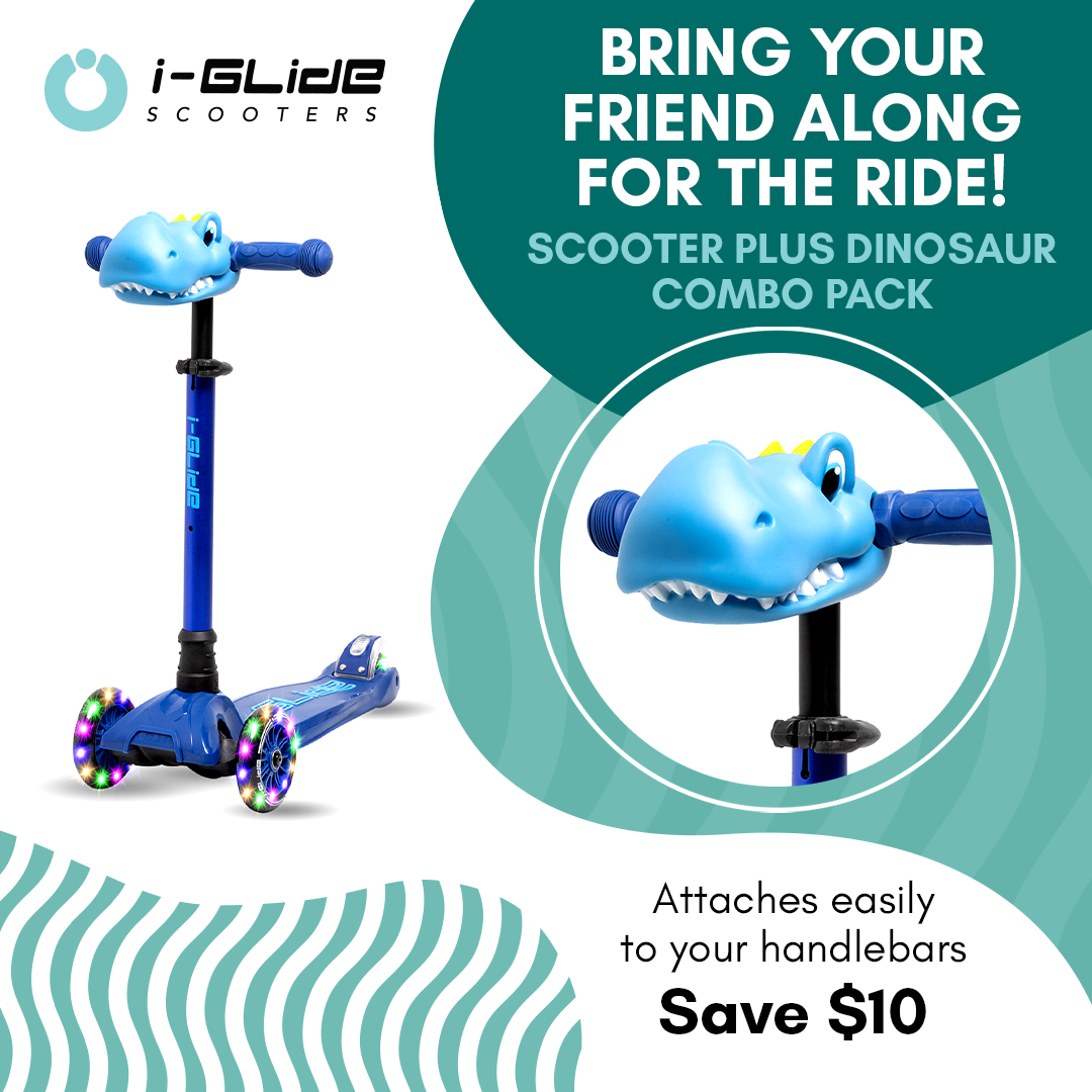 I-GLIDE 3 Wheel Kids Scooter with Dinosaur Head - Blue/Blue