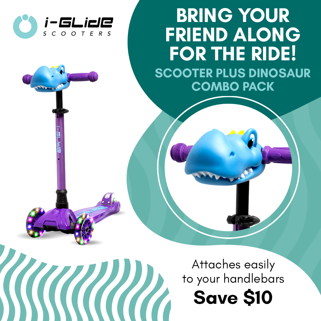 I-GLIDE 3 Wheel Kids Scooter with Dinosaur Head - Purple/Blue