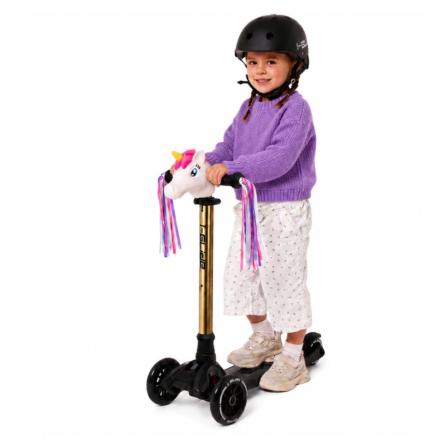 i-Glide 3 Wheel Kids Scooter with Unicorn Head and Ribbons - Black with Gold bar