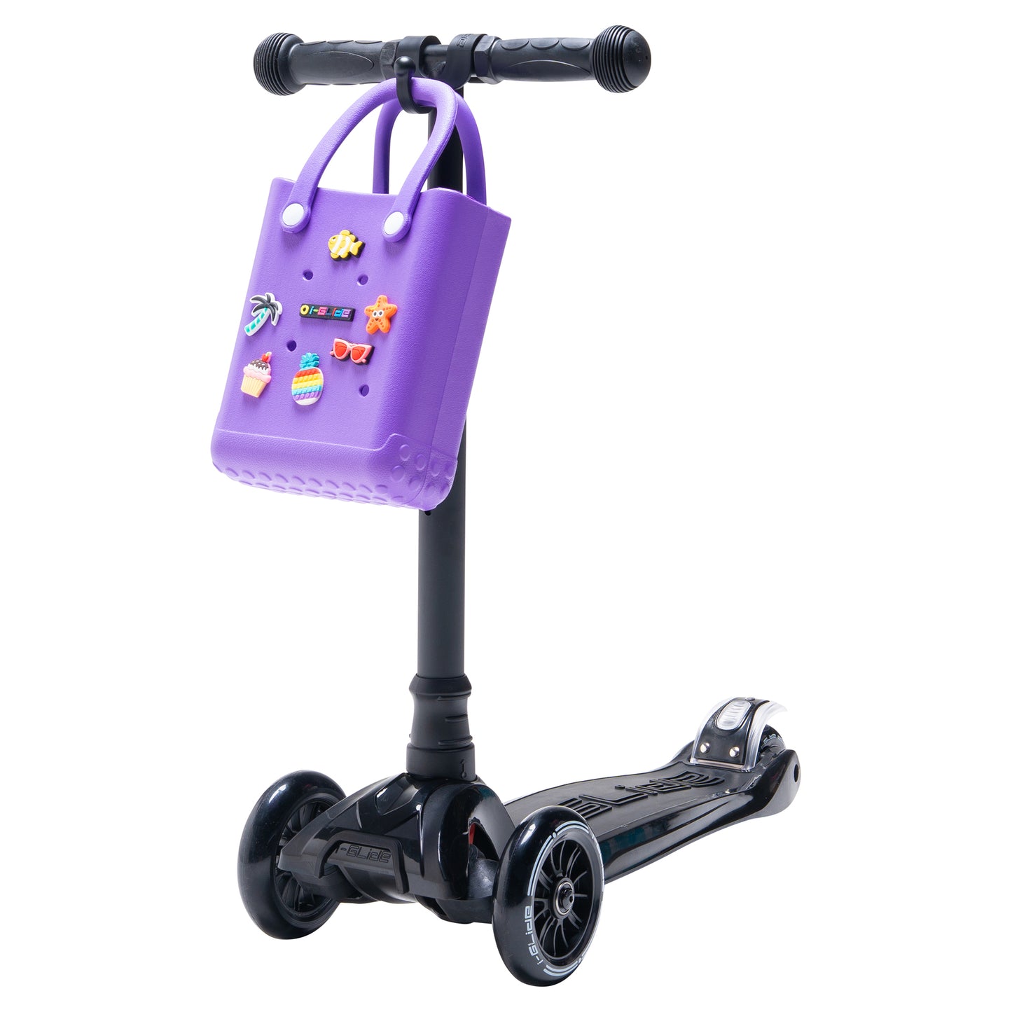 i-Glide 3-Wheel Black Scooter with Purple Tote & charms