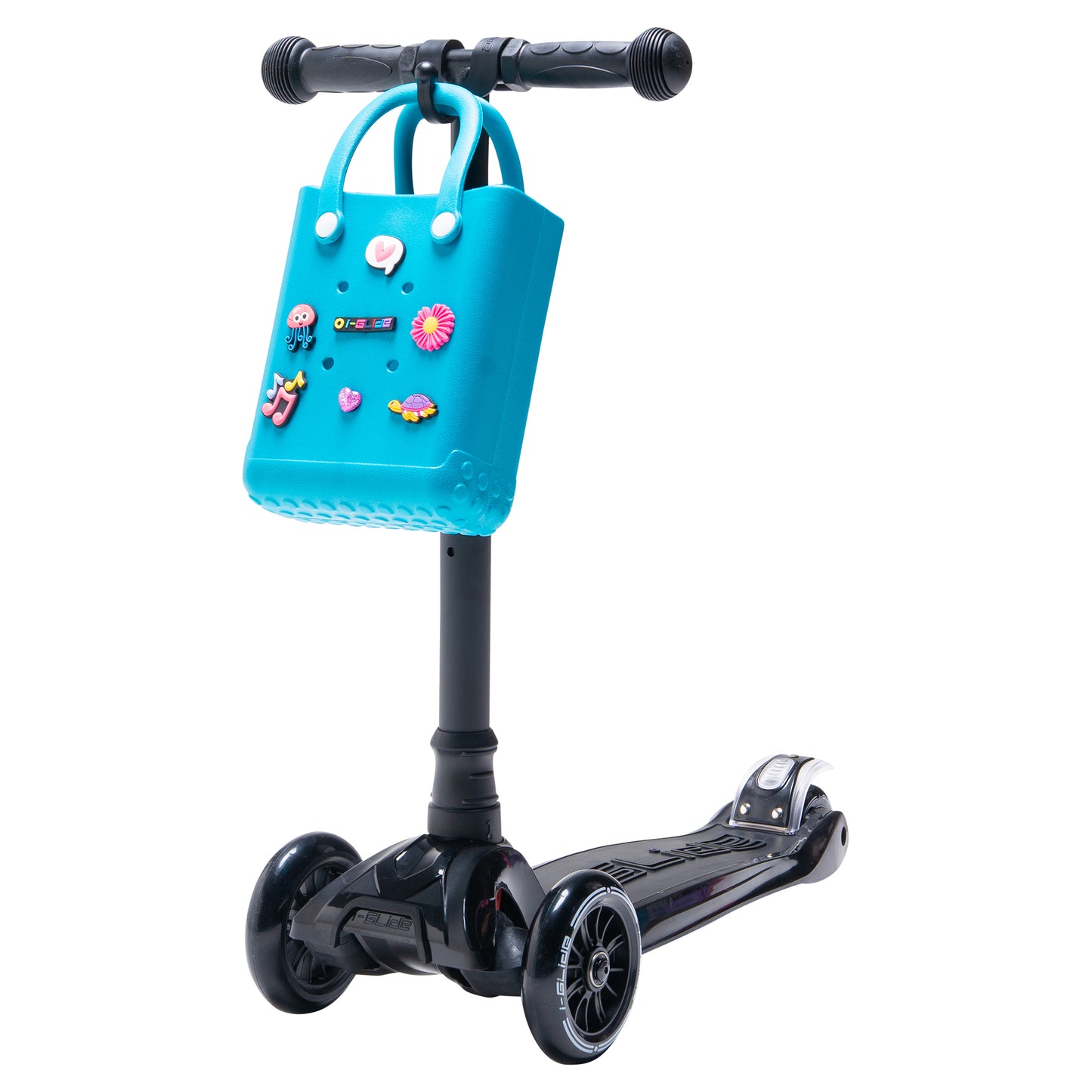 i-Glide 3-Wheel Black Scooter with Turquoise Tote & charms