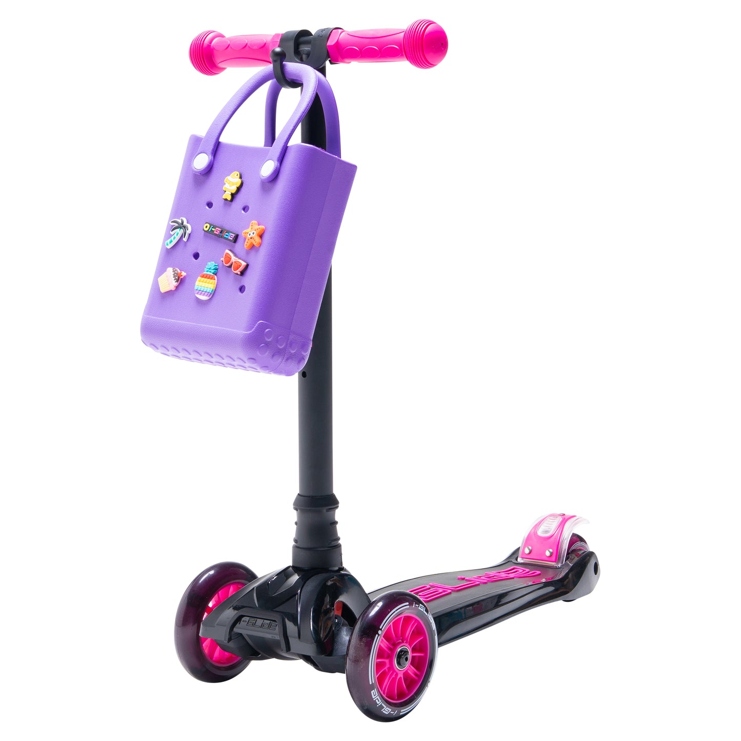 i-Glide 3-Wheel Black/Pink Scooter with Purple Tote & charms