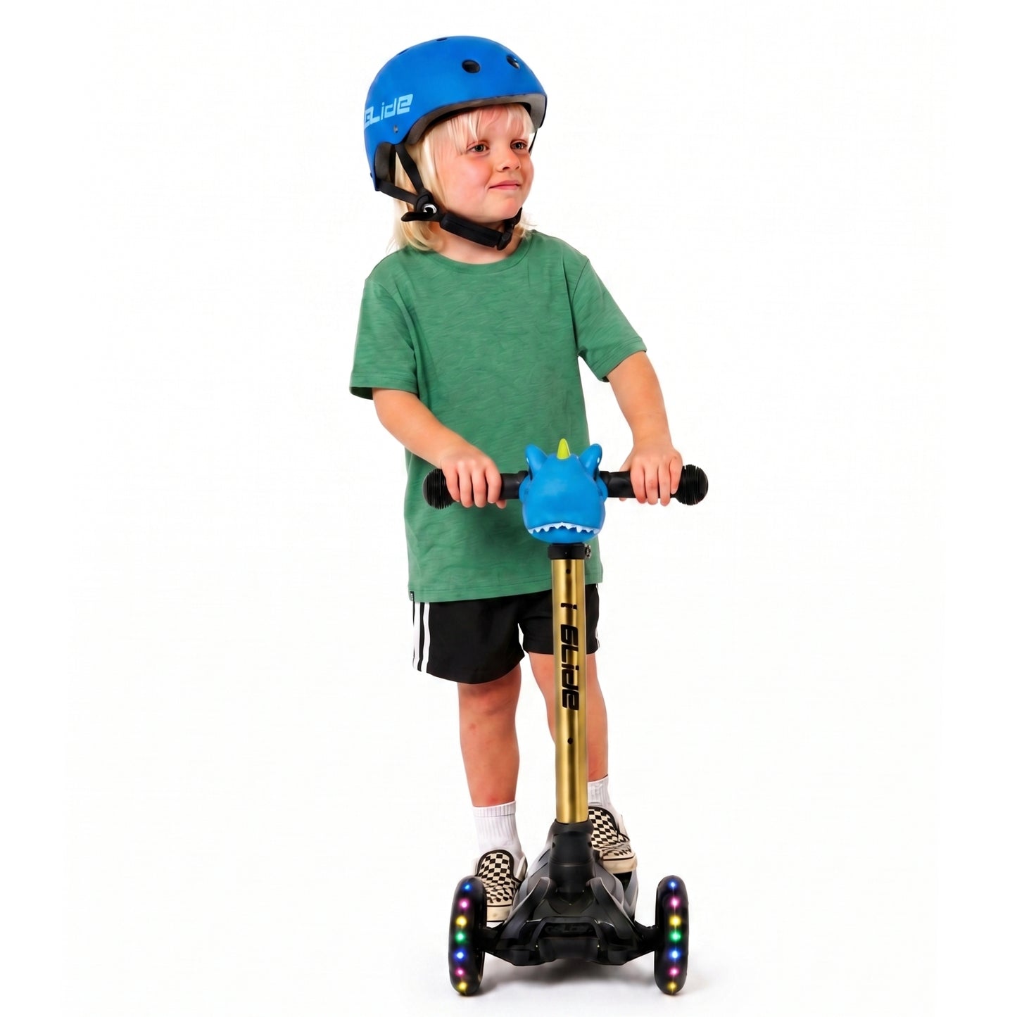 i-Glide 3 Wheel Kids Scooter with Dinosaur Head - Black with Gold Bar