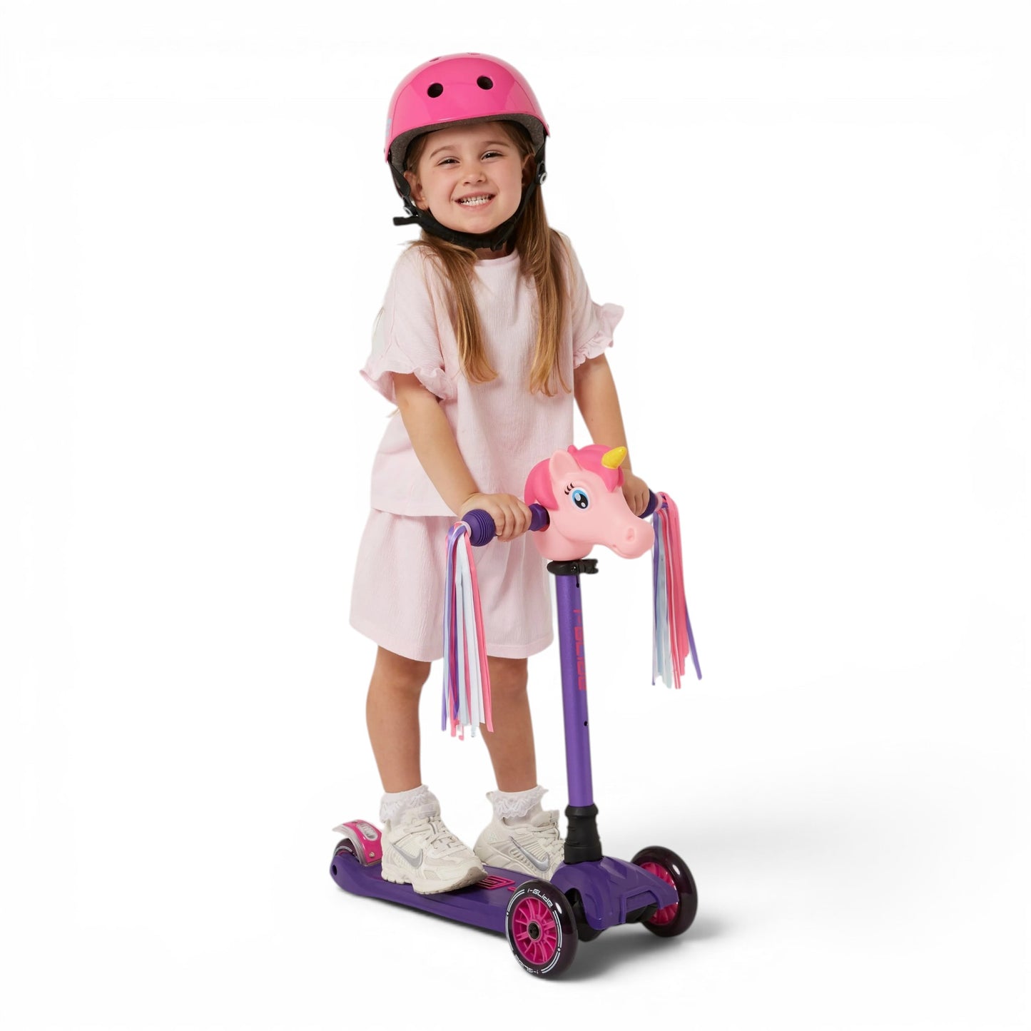 i-Glide 3 Wheel Kids Scooter with Unicorn Head and Ribbons - Purple/Pink