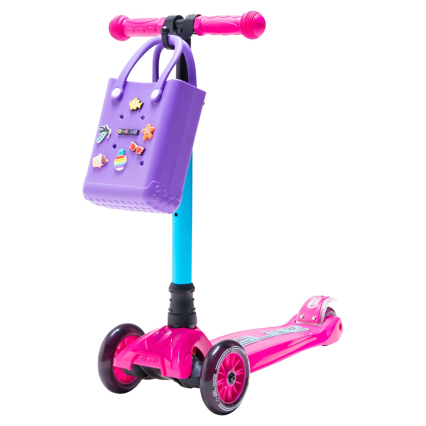 i-Glide 3-Wheel Pink/Aqua Scooter with Purple Tote & charms