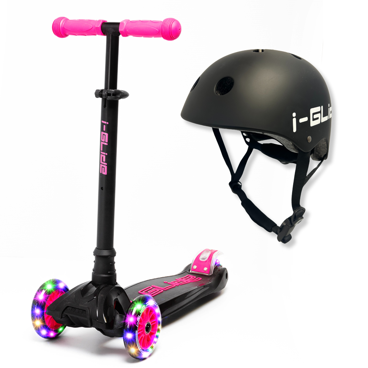 i-Glide 3-Wheel Black/Pink Scooter with Black Helmet