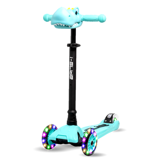 I-GLIDE 3 Wheel Kids Scooter Aqua with Dinosaur Head