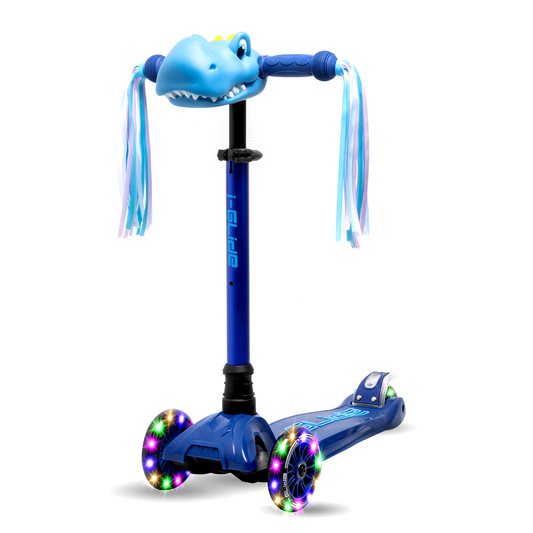 I-GLIDE 3 Wheel Kids Scooter Blue/Blue with Dinosaur Head and Ribbons