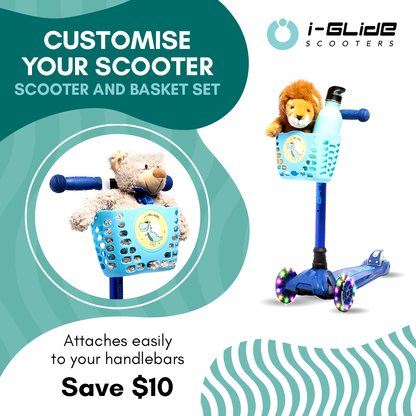 I-GLIDE 3 Wheel Kids Scooter with Basket - Blue/Blue