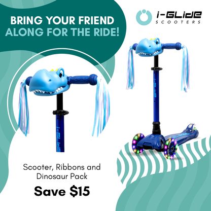 I-GLIDE 3 Wheel Kids Scooter with Dinosaur Head and Ribbons - Blue/Blue