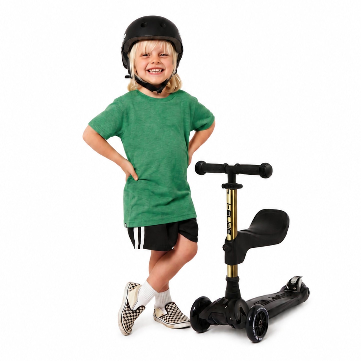 i-Glide 3-Wheel Scooter with Toddler Seat & Helmet - Black with Gold bar
