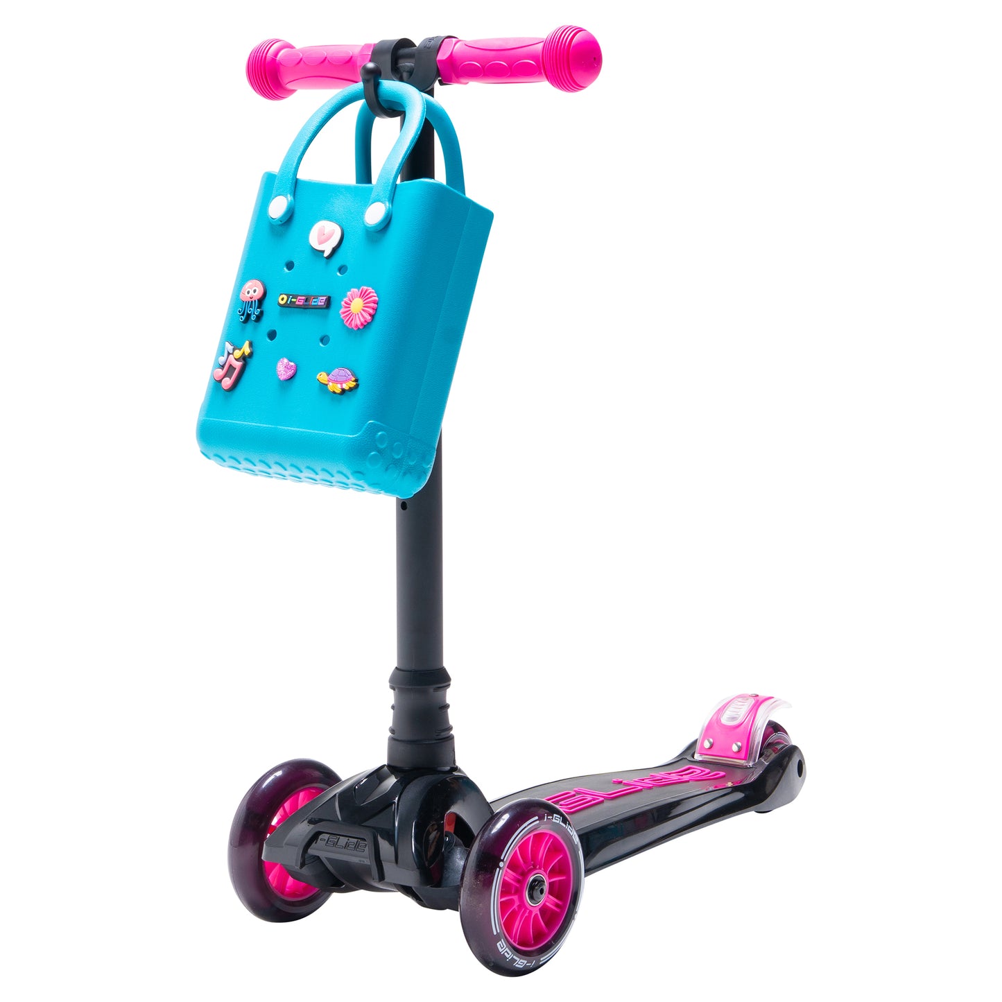 i-Glide 3-Wheel Black/Pink Scooter with Turquoise Tote & charms