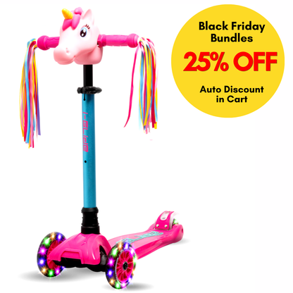 I-GLIDE 3 Wheel Kids Scooter with Unicorn Head and Ribbons - Pink/Aqua