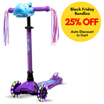 I-GLIDE 3 Wheel Kids Scooter with Dinosaur Head and Ribbons - Purple/Blue