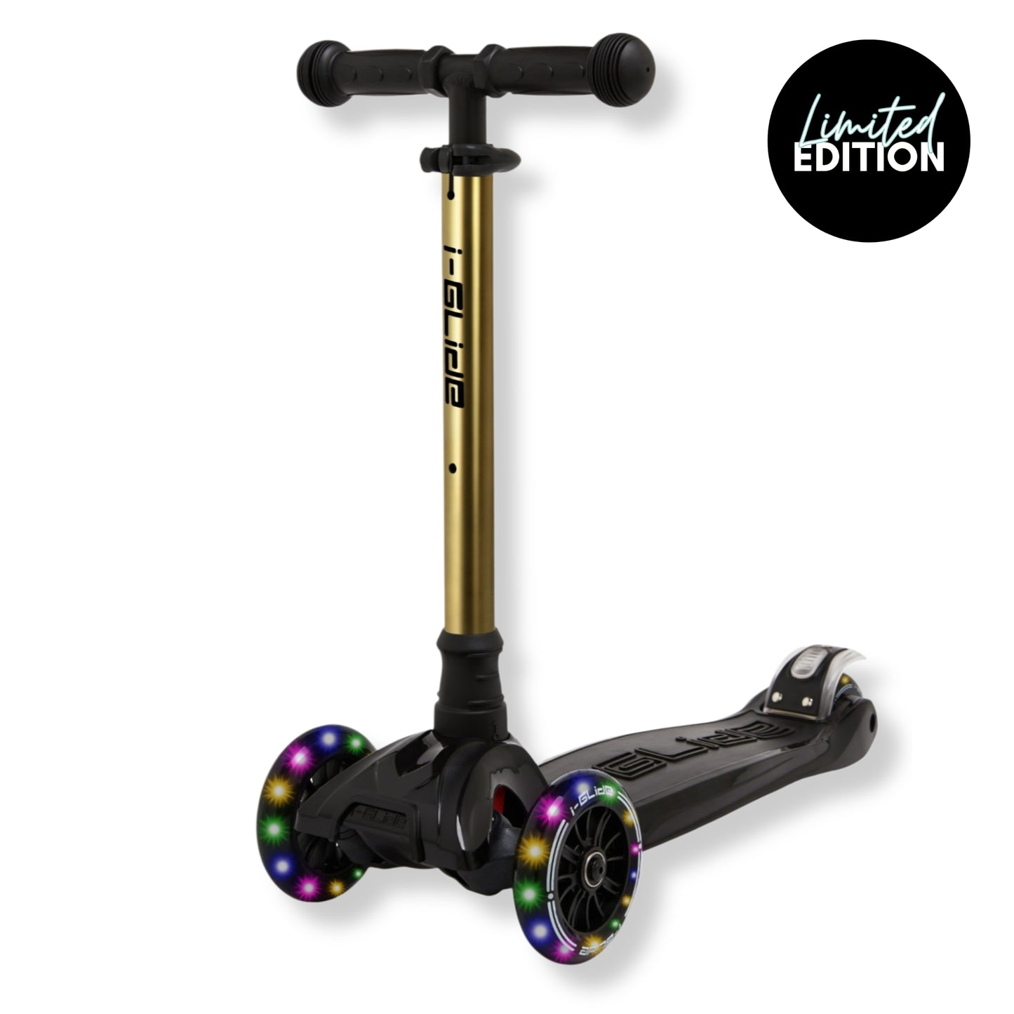 i-Glide 3 Wheel Kids Scooter with Toddler Seat - Black with Gold bar