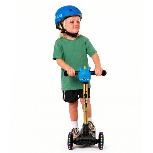 i-Glide 3 Wheel Kids Scooter with Dinosaur Head - Black with Gold Bar