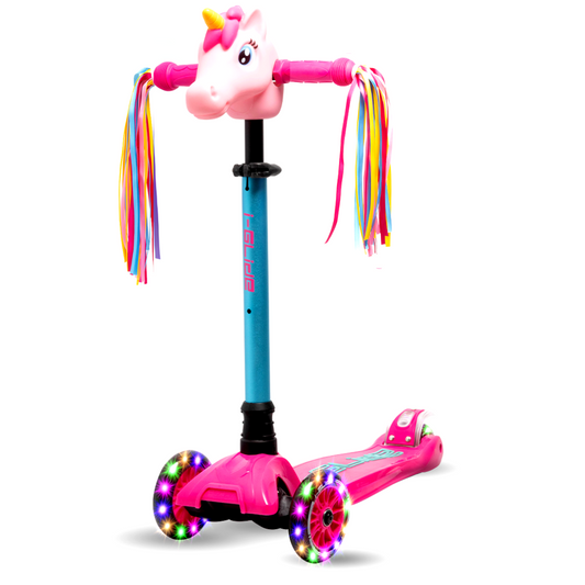 I-GLIDE 3 Wheel Kids Scooter Pink/Aqua with Unicorn Head and Ribbons