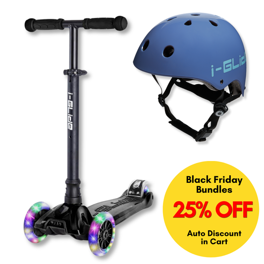 i-Glide 3-Wheel Black Scooter with Blue Helmet