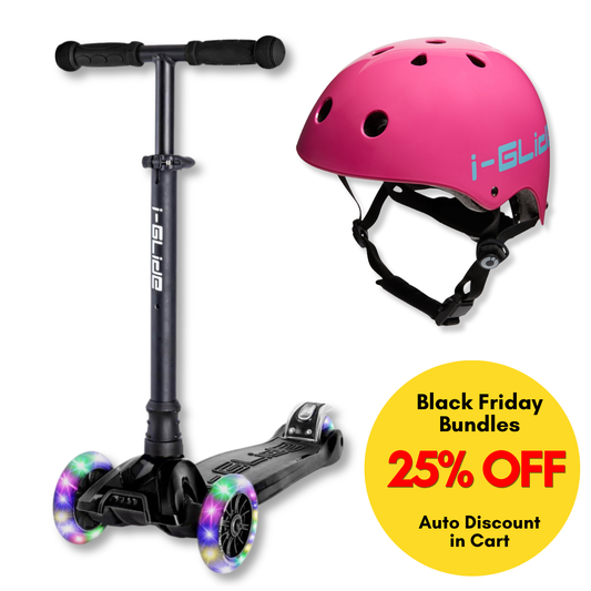 i-Glide 3-Wheel Black Scooter with Pink Helmet