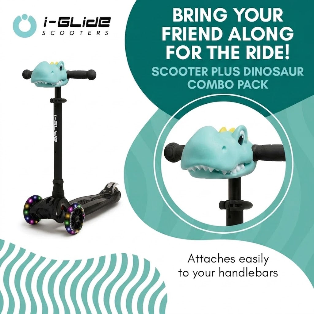 i-Glide 3 Wheel Kids Scooter with Dinosaur Head - Black