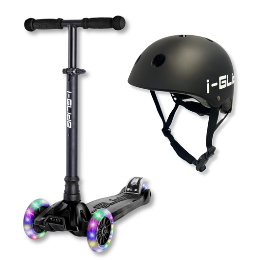 i-Glide 3-Wheel Black Scooter with Black Helmet