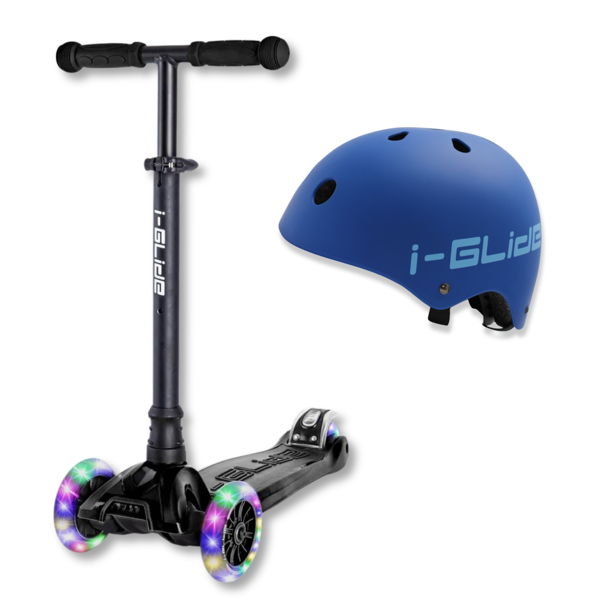 i-Glide 3-Wheel Black Scooter with Blue Helmet