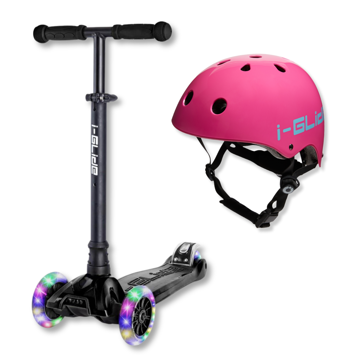i-Glide 3-Wheel Black Scooter with Pink Helmet