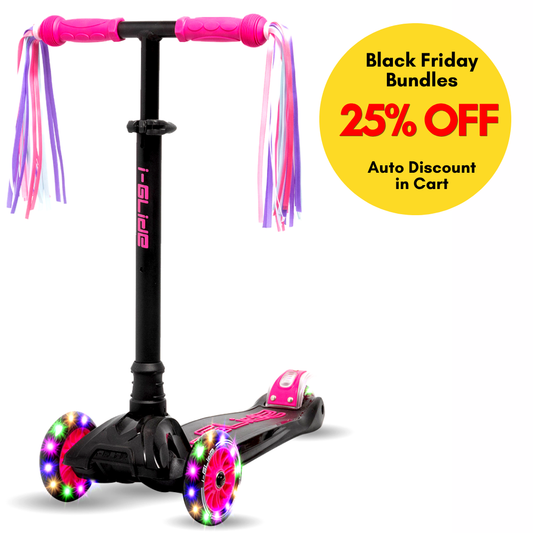 I-GLIDE 3 Wheel Kids Scooter with Ribbons - Black/Pink