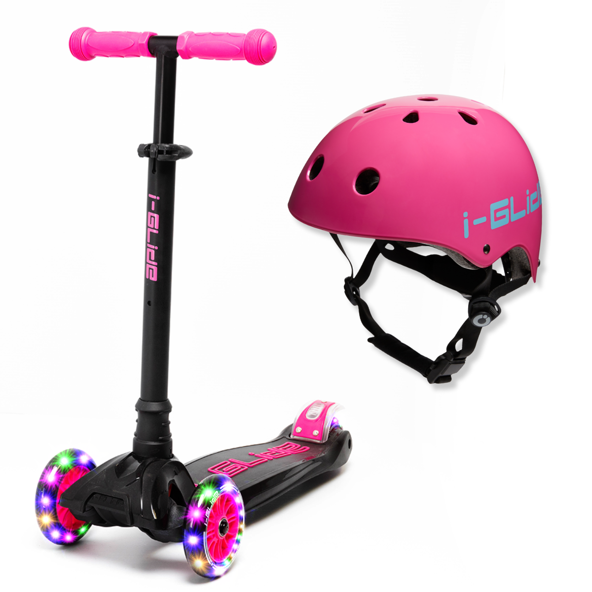 i-Glide 3-Wheel Black/Pink Scooter with Pink Helmet – iGlide Scooters