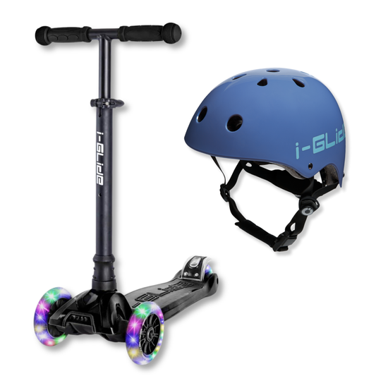 i-Glide 3-Wheel Black Scooter with Blue Helmet