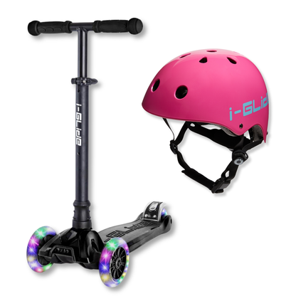 i-Glide 3-Wheel Black Scooter with Pink Helmet