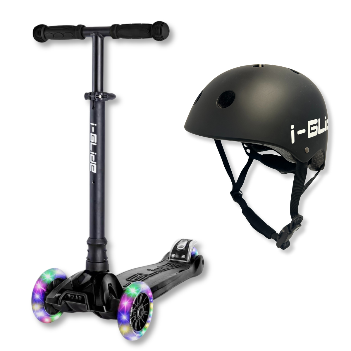 Black 3-wheel scooter with colorful wheels and matching helmet on a white background