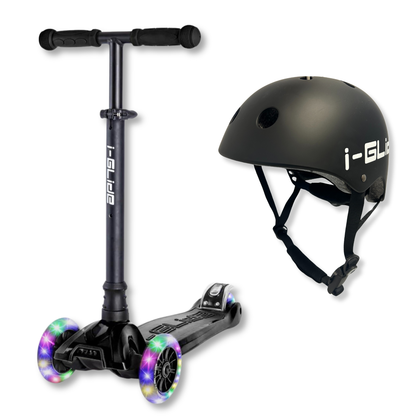 Black 3-wheel scooter with colorful wheels and matching helmet on a white background