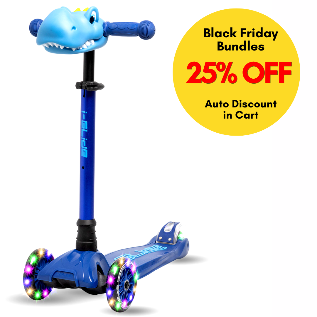 Blue scooter with dinosaur handlebar design and Black Friday discount text on a white background