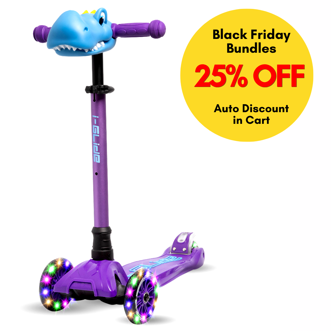 Purple scooter with dinosaurhandlebar on a white background, featuring a Black Friday discount offer.