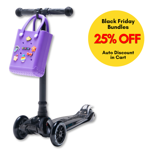 i-Glide 3-Wheel Black Scooter with Purple Tote & charms